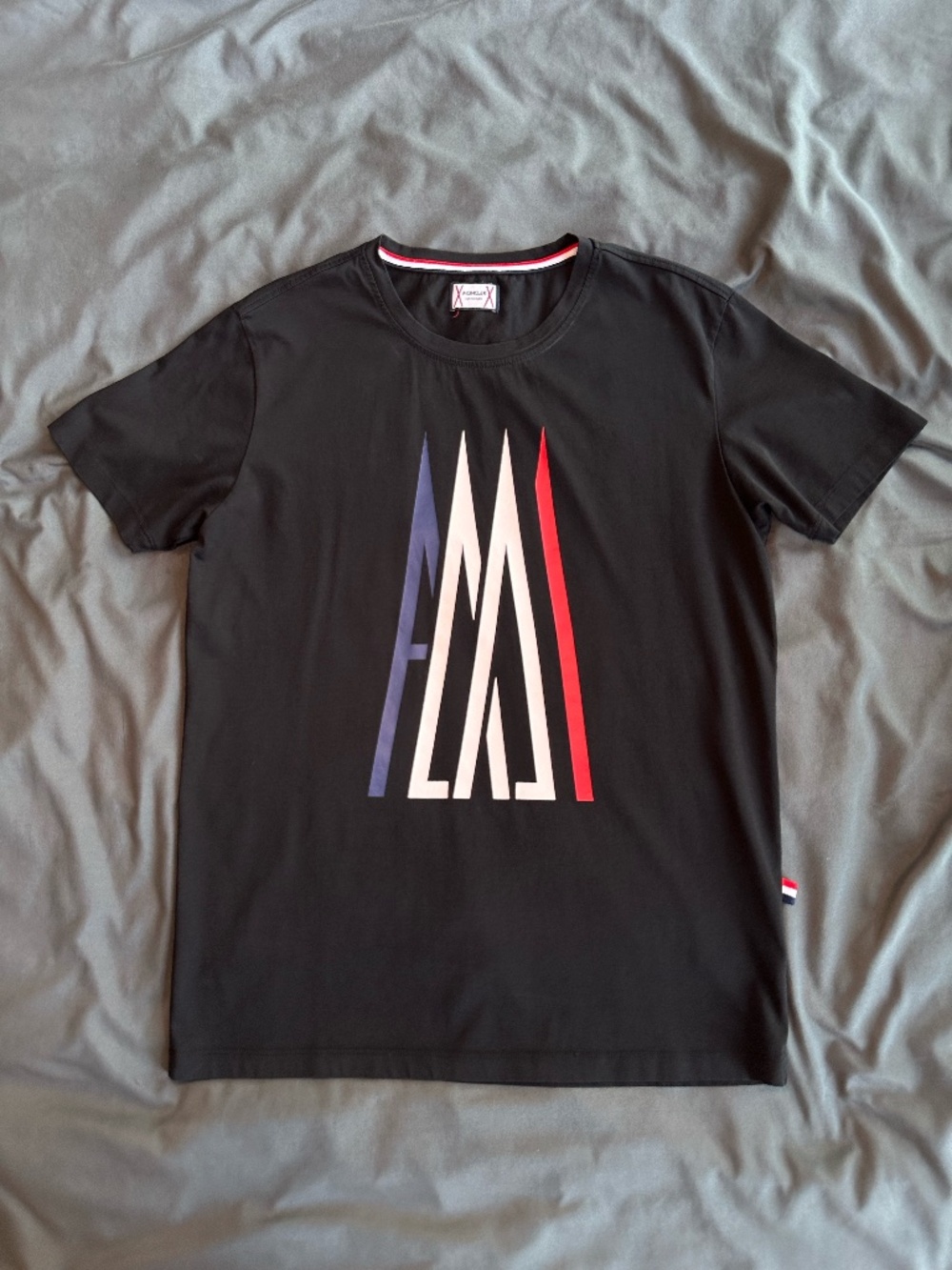 Moncler Black Short Sleeve Tee with Blue White Red Tricolor Graphic